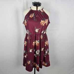 Slig Dress Women's XXL Burgundy Colorful Floral Print Halter Sleeveless Midi